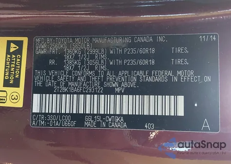 2015 Lexus Rx 350 z USA, uszkodzony, nr VIN 2T2BK1BA6FC293122